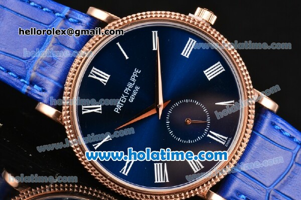 Patek Philippe Calatrava Miyota Quartz Rose Gold Case with Roman Numeral Markers and Blue Dial - Click Image to Close